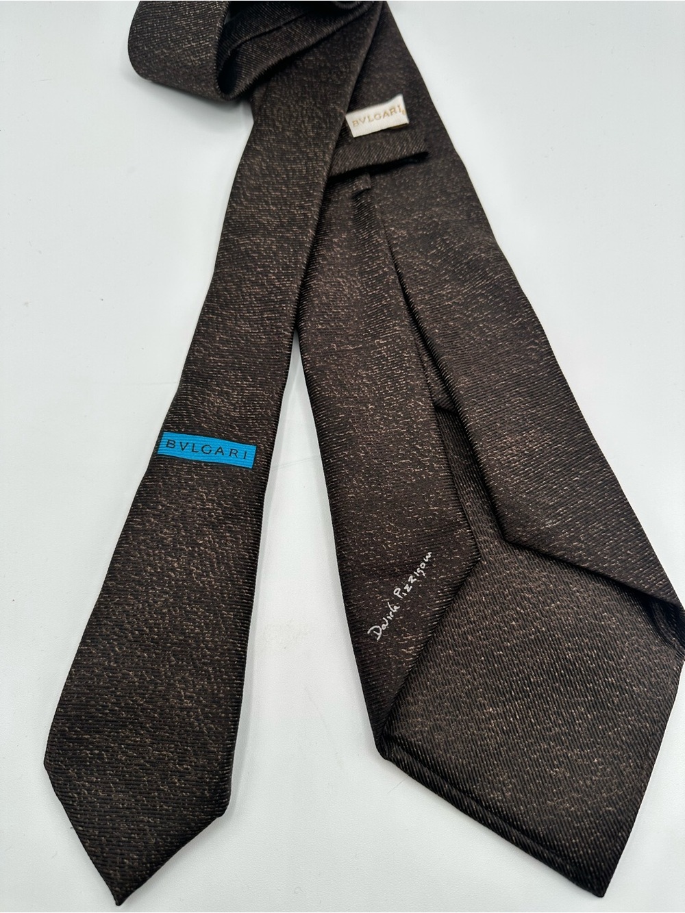 Vintage BVLGARI Davide Pizzigoni Silk Tie Brown Tan Speckled Hand Made 4” Italy